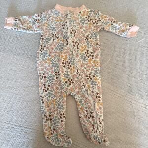 Milk Berry Pink + Yellow Floral Print Ruffle Trim Zipper Footed Sleeper 0-3 M